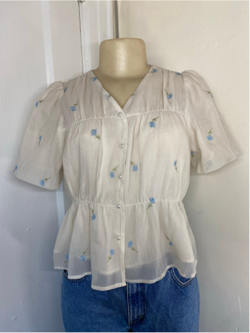 Cream blouse with floral, pearl and puff details